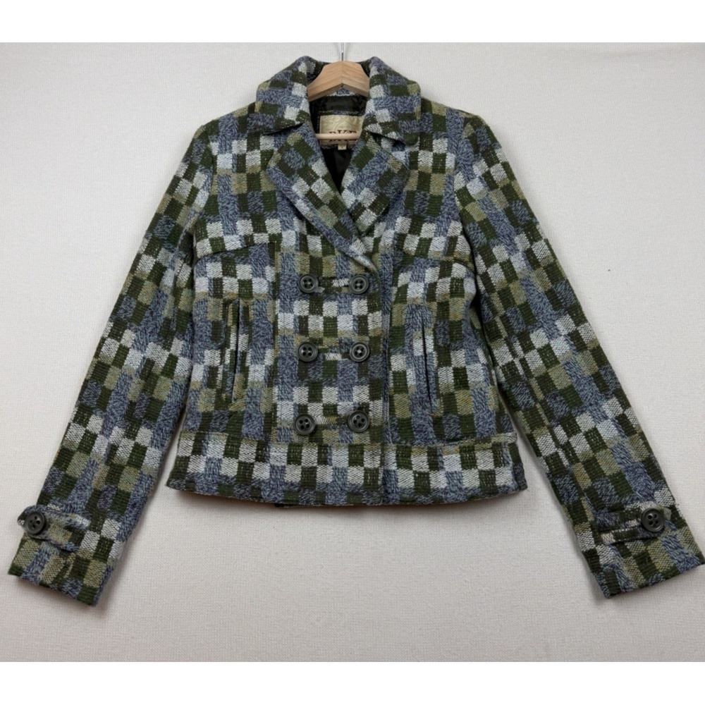 BKE Women's Plaid Double Breasted Jacket Blazer Coat Small Green Blue Tan Lined